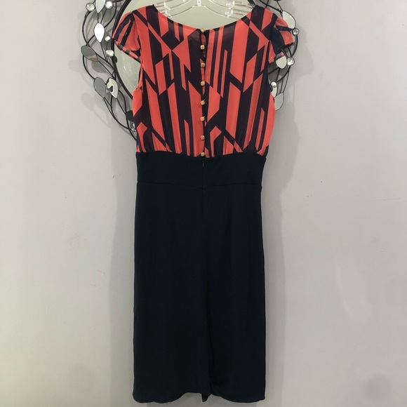 MNG by Mango Geometric Navy/Coral Cap sleeve Key hole Front Sheath Dress Small - Picture 5 of 16